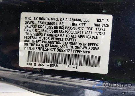 2016 Honda Odyssey Se z USA, uszkodzony, nr VIN 5FNRL5H37GB092021